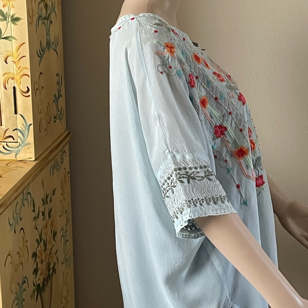 Johnny Was Pale Blue Floral Embroidered Peasant Blouse - Picture 3 of 4